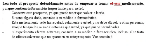 Spanish text on a white background inviting to read the instruction leaflet carefully and providing warnings about