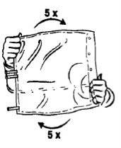 Two hands holding a rectangular bag, rotating it clockwise and counterclockwise five times each, as indicated by arrows and labels