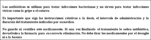 Testo in spagnolo su sfondo bianco che spiega l'uso degli antibiotici, l'importanza di seguire le dosi mediche e come smaltire il farmaco residuo