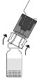 Technical drawing showing a syringe with needle being inserted into the neck of a glass vial containing a clear liquid