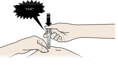 Two hands hold a transparent auto-injector pen on the skin with a black downward arrow and a speech bubble with the word CLICK