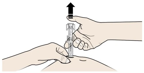 Two hands manipulate an injection medical device on a body part with a black arrow pointing toward the