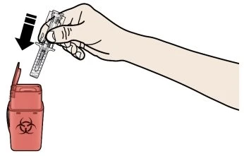A hand inserts a used syringe into a red biohazard waste container marked with the biohazard symbol