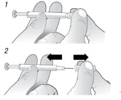 Two drawings show hands holding a syringe, with black arrows indicating a horizontal sliding motion between the fingers