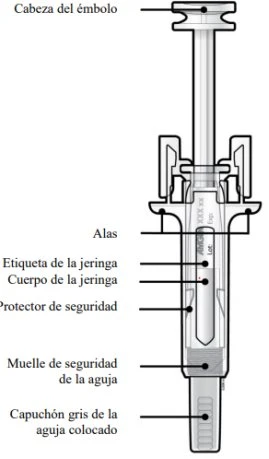 Technical diagram of a syringe with Spanish labels indicating the tip of the