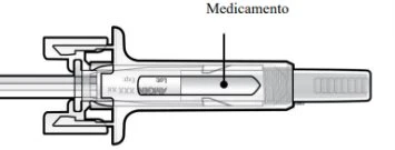 Technical diagram of a medical device with a line indicating the position of the medication at