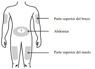 Human body diagram with gray areas indicating injection sites on the upper arm, on the