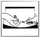 Black and white drawing showing two hands handling a syringe and a vial for medication preparation