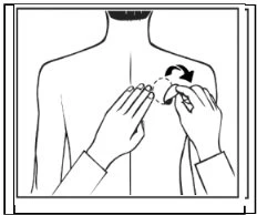 Disegno stilizzato di una persona di schiena con due mani che puliscono la zona della spalla con un batuffolo di cotone seguendo un movimento circolare