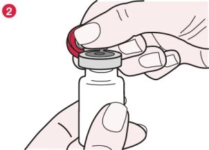 Two hands hold a white vial while the upper hand removes the red protective cap using the thumb and index finger