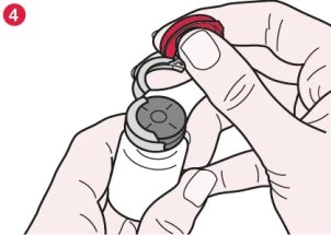 Two hands hold a white vial while the right hand lifts a red protective cap with a plastic ring for removal