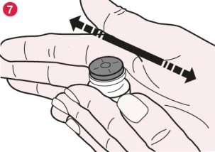Two hands hold a small white vial with a grey cap while a black double-headed arrow indicates a lateral sliding motion