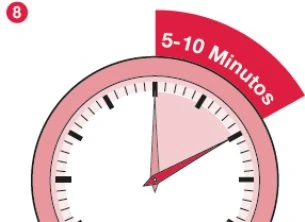Pink analog clock with hands indicating a time interval highlighted in red marked '5-10 Minutes' and a numbered circle labeled 8