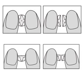 Four-panel diagram showing two fingers pressing and releasing a small medical device between them at different stages of use