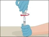 Blue-gloved hands rotating a syringe with a red arrow indicating dosage preparation above a bare arm