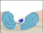 Two hands with blue gloves holding and opening a small circular container with a blue cap on a neutral background