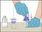 Hands with blue gloves drawing liquid from a transparent vial using a syringe with a purple cap on a light-colored surface