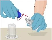 Two hands with blue gloves rotating a blue cap onto a transparent glass vial placed on a light-colored surface