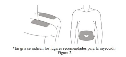 Disegno schematico di un busto maschile e di una gamba con aree grigie che indicano i siti consigliati per l'iniezione sull'addome e sulla coscia