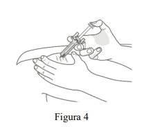 Disegno lineare di due mani che tengono una siringa con ago per effettuare un'iniezione su una superficie piana con la scritta Figura 4