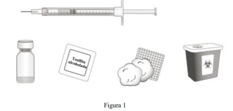 Disegno di una siringa con ago, un flaconcino di vetro, salviette imbevute di alcol, batuffoli di cotone e un contenitore per rifiuti biologici