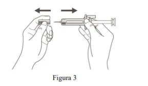 Two hands handling a syringe with black arrows indicating a horizontal back-and-forth movement for