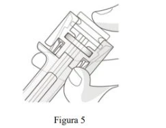 Black and white technical drawing showing a hand holding and operating a pen-shaped medical device with buttons and internal mechanisms