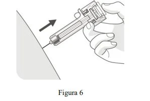 A hand holding an injection pen to insert it into the skin with a slanted movement indicated by a black arrow pointing toward the