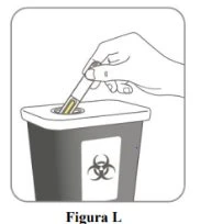 Una mano inserisce una siringa usata in un contenitore per rifiuti biologici con il simbolo del rischio biologico indicato sul fronte