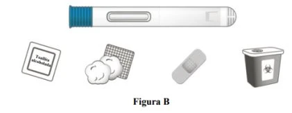 Penna per iniezione bianca con estremità blu, salviette alcoliche, batuffoli di cotone, cerotto e contenitore per rifiuti biologici con simbolo biohazard