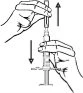 Disegno tecnico che mostra due mani che separano i componenti di una siringa con frecce che indicano il movimento verso l'esterno
