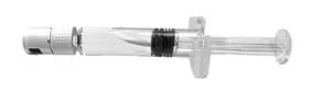 Horizontal transparent syringe with liquid at