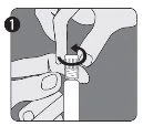 Two hands holding a vial while one hand rotates the cap clockwise as indicated by a black curved arrow