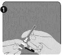 Two hands holding a syringe with a needle and a black arrow indicating rotational or withdrawal movement of the medical device