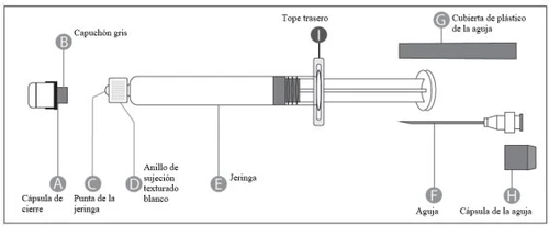 Technical diagram of a syringe with components labeled in Spanish including gray cap, tip, barrel, needle, and plastic cover