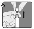 Two hands gripping a vial and cap to separate the components with a black arrow pointing toward the