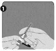Two hands holding a syringe and a vial to prepare the dose with a black arrow indicating rotational or insertion movement