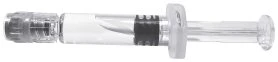 Horizontal transparent syringe with liquid at