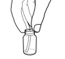A hand holds a glass vial while inserting the