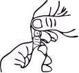 Disegno a linee nere che mostra due mani che tengono e manipolano un piccolo contenitore cilindrico o un dispositivo medico per l'uso