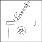 Black and white drawing of a syringe with an arrow indicating the motion of disposal into a biohazard waste container