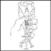 One hand holds a syringe vertically with a curved arrow above the tip indicating a leftward rotational movement