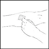 A hand applies a square adhesive patch to a person's arm skin through light pressure on the device surface