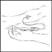 Line drawing of a hand holding a medical device connected via a small tube to the skin of an arm for administration