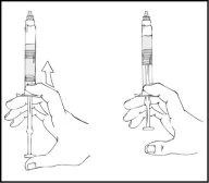 Disegno tecnico di due mani che impugnano una siringa, una con una freccia verso il basso