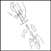 Disegno tecnico che mostra due mani che separano i componenti di una siringa preriempita mediante un movimento di rotazione indicato da frecce