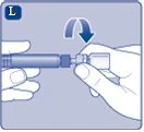 Due mani tengono un dispositivo medico cilindrico mentre la mano destra ruota la parte terminale in senso orario, indicato da una freccia curva