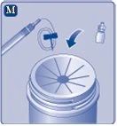 Медицинская схема, показывающая инъекционную ручку с иглой и флаконом, приближающимися к верхней части цилиндрического контейнера с радиальной крышкой