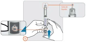 Diagram medyczny przedstawiający ręce trzymające długopis iniekcyjny z powiększonym obrazem kropli cieczy na końcu i cyfrowym wskaźnikiem 0