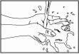 Disegno lineare di due mani che si lavano accuratamente con acqua e bolle di sapone per l'igiene prima di un trattamento medico